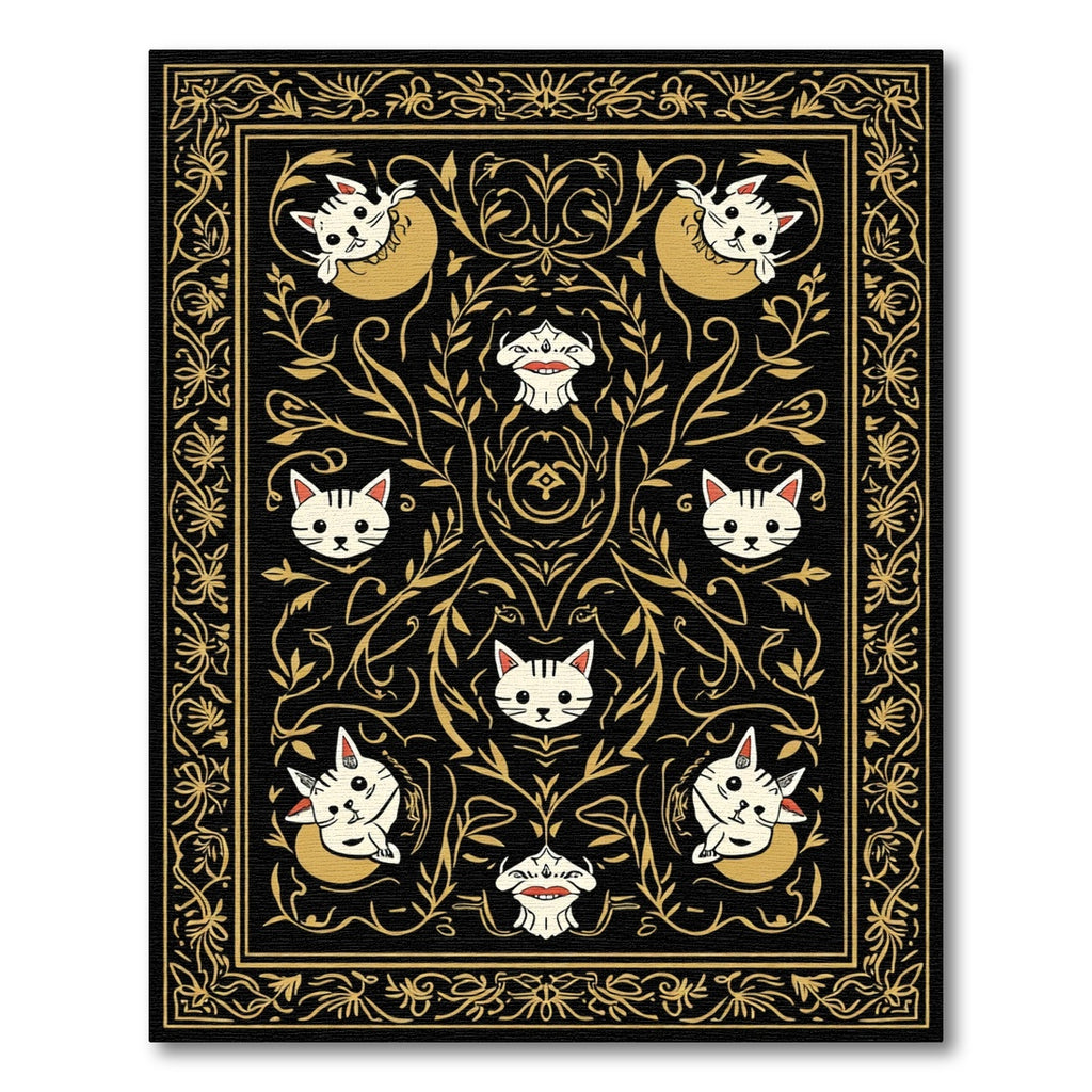 Black and Gold Whimsical Cat Floral Rug