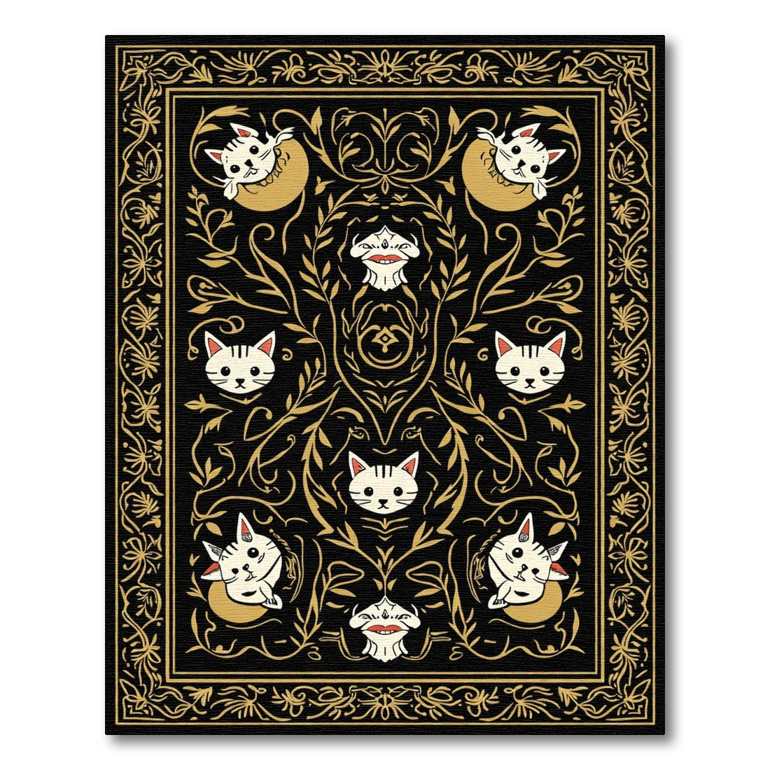 Black and Gold Whimsical Cat Floral Rug