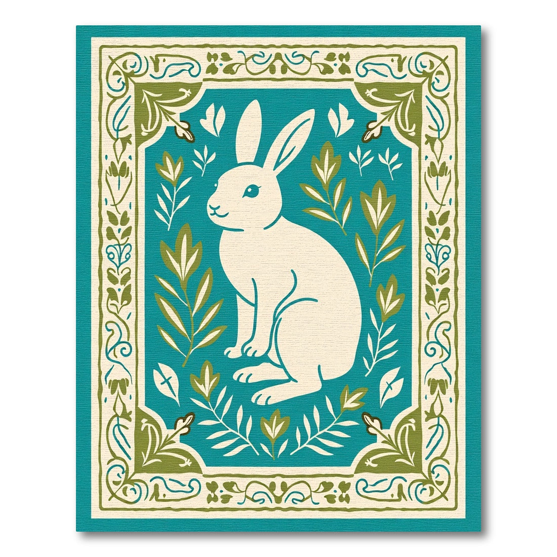Cream Rabbit Teal Botanical Border Rug