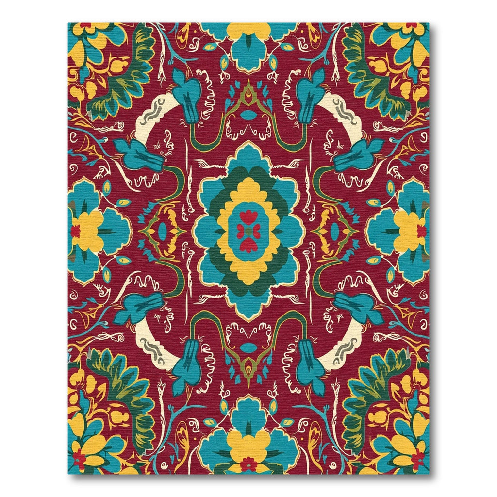 Rich Crimson Teal Floral Medallion Rug