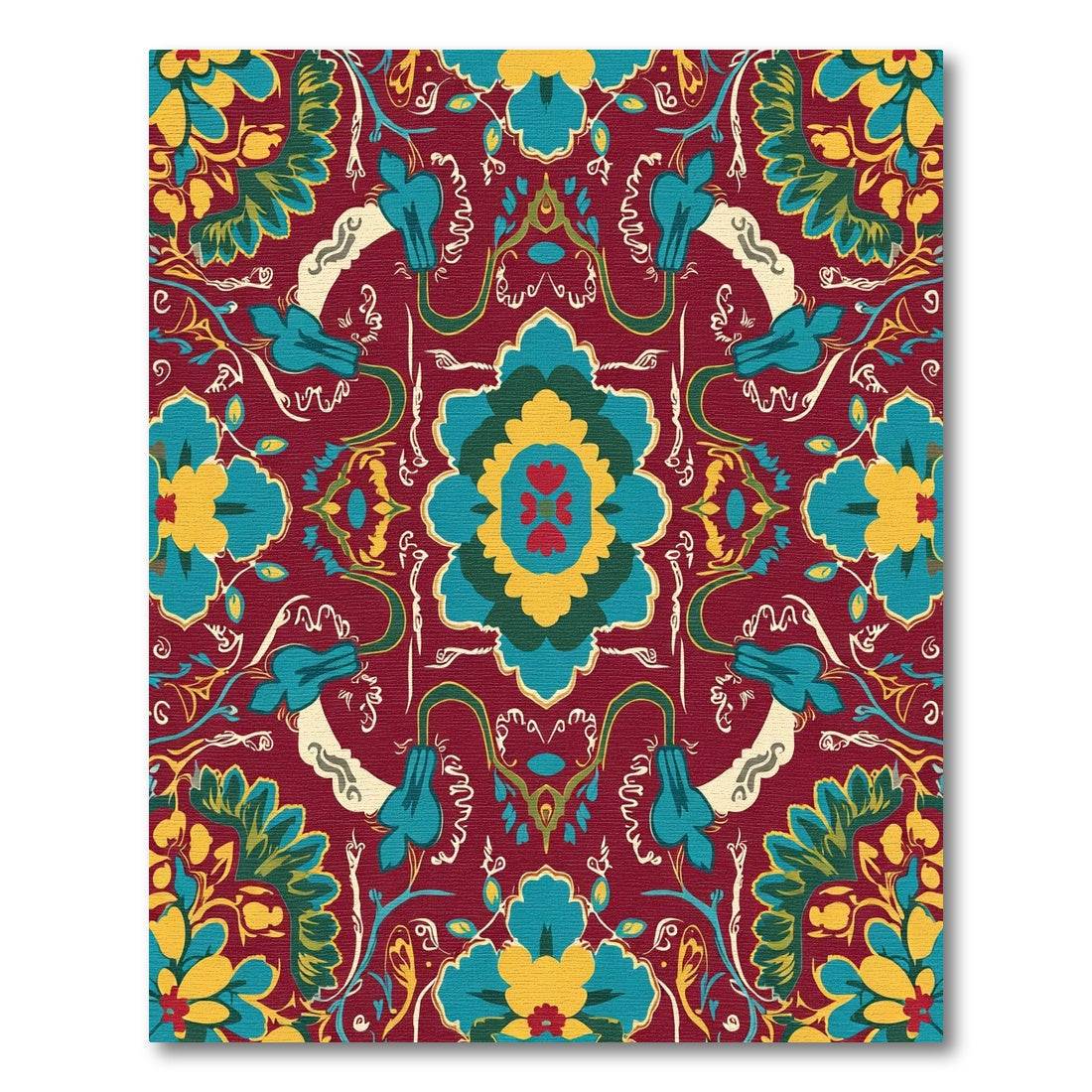Rich Crimson Teal Floral Medallion Rug