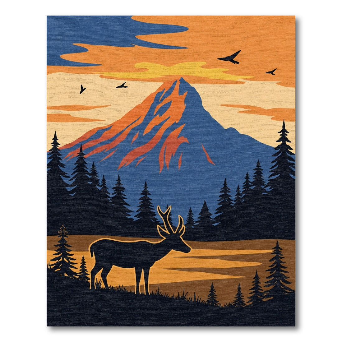 Vintage Woodland Deer Mountain Sunset Rug