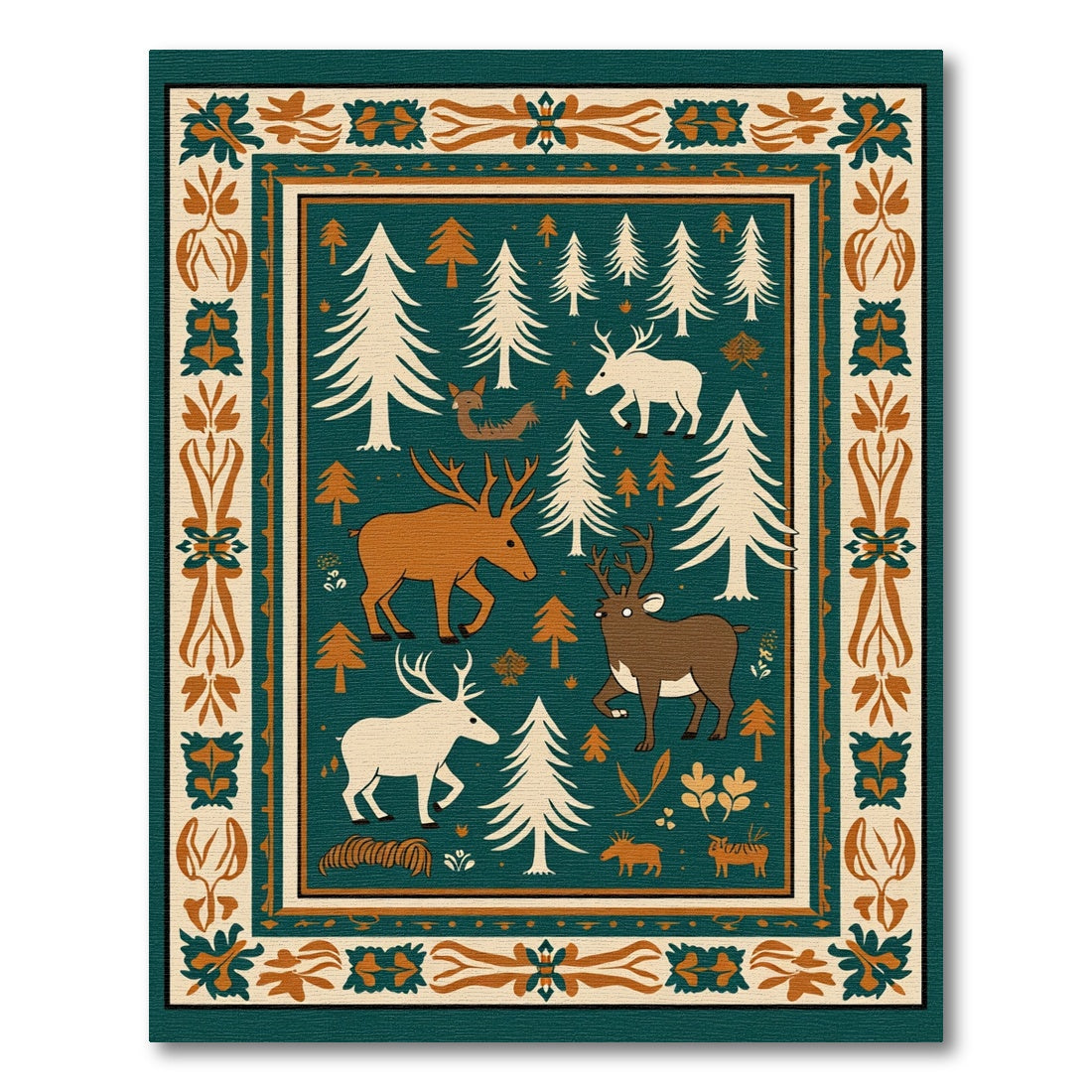 Woodland Forest Deer Trees Border Rug
