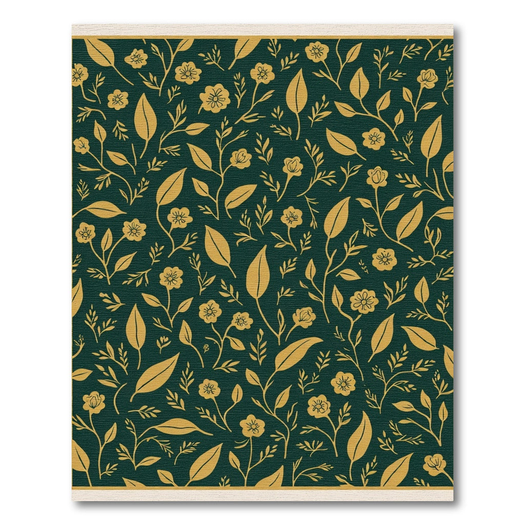 Dark Green Golden Floral Botanical Vine Rug