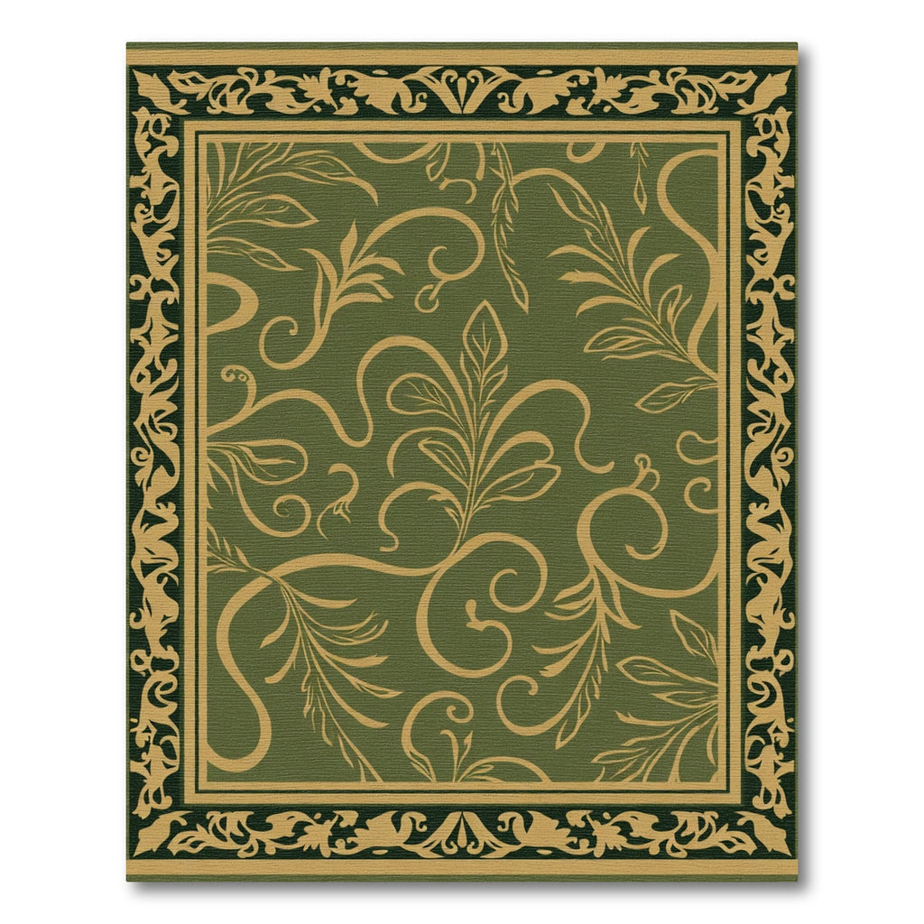 Olive Green Golden Floral Scroll Border Rug