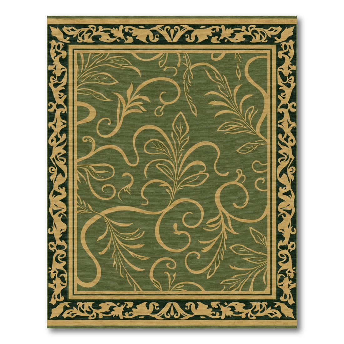 Olive Green Golden Floral Scroll Border Rug
