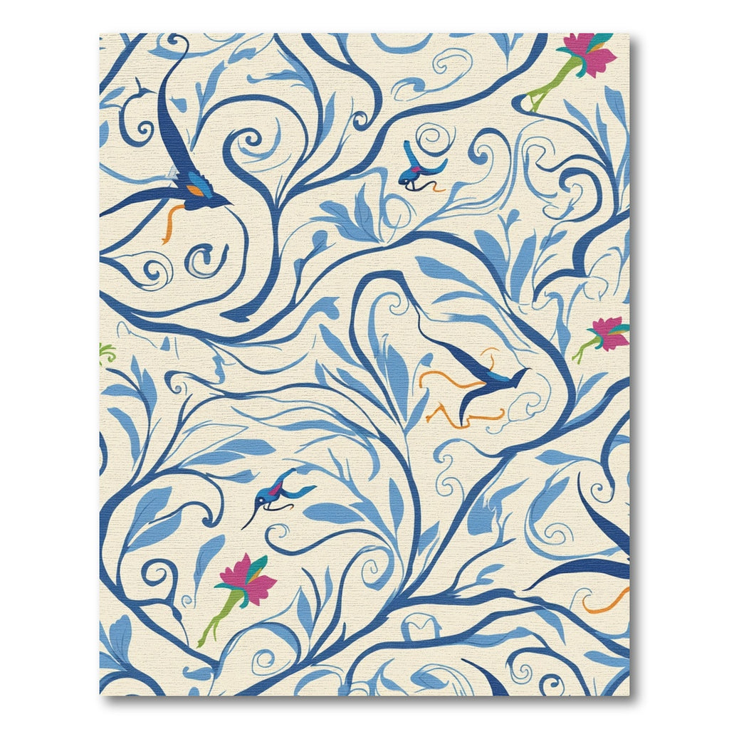Blue Floral Bird Whimsy Swirl Rug
