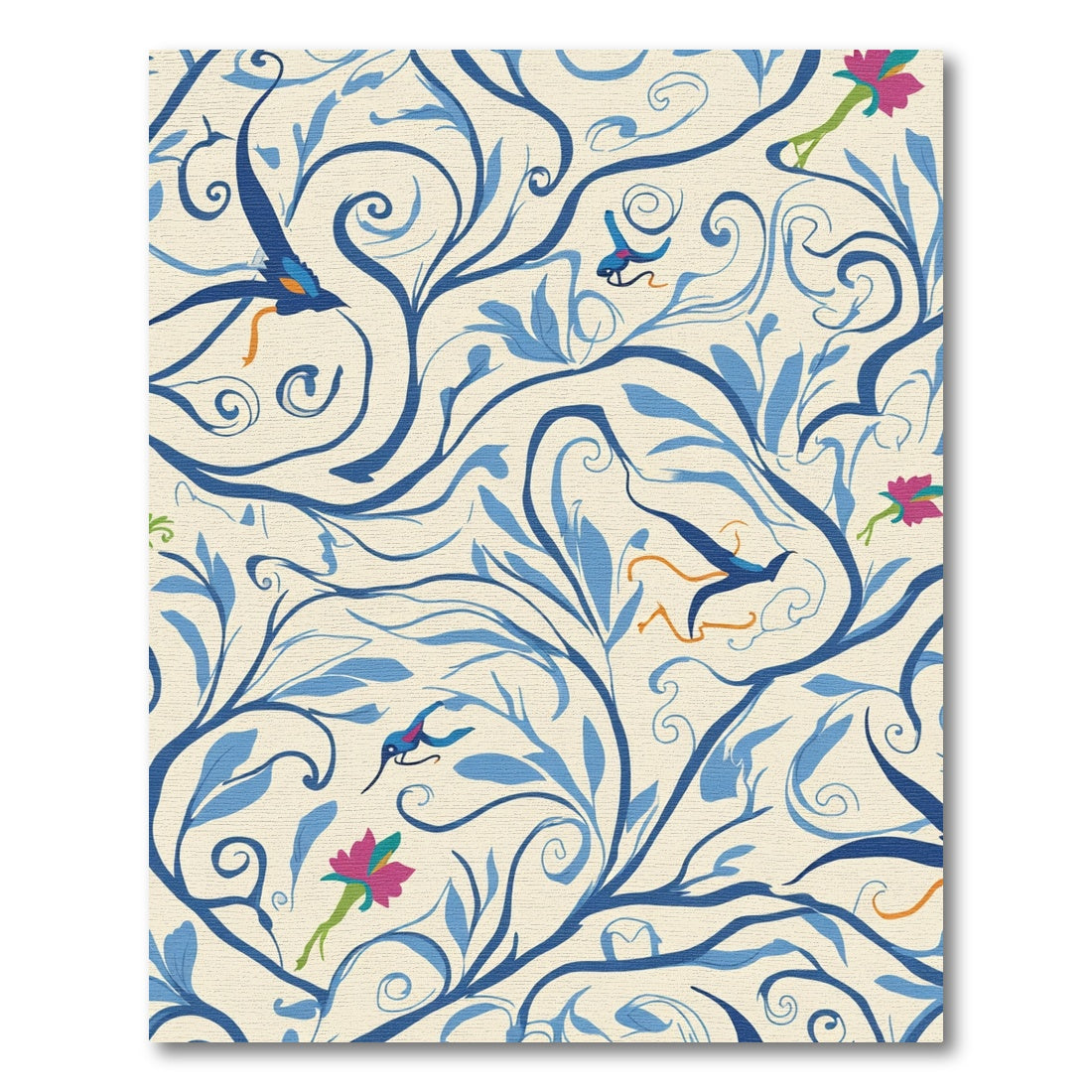 Blue Floral Bird Whimsy Swirl Rug
