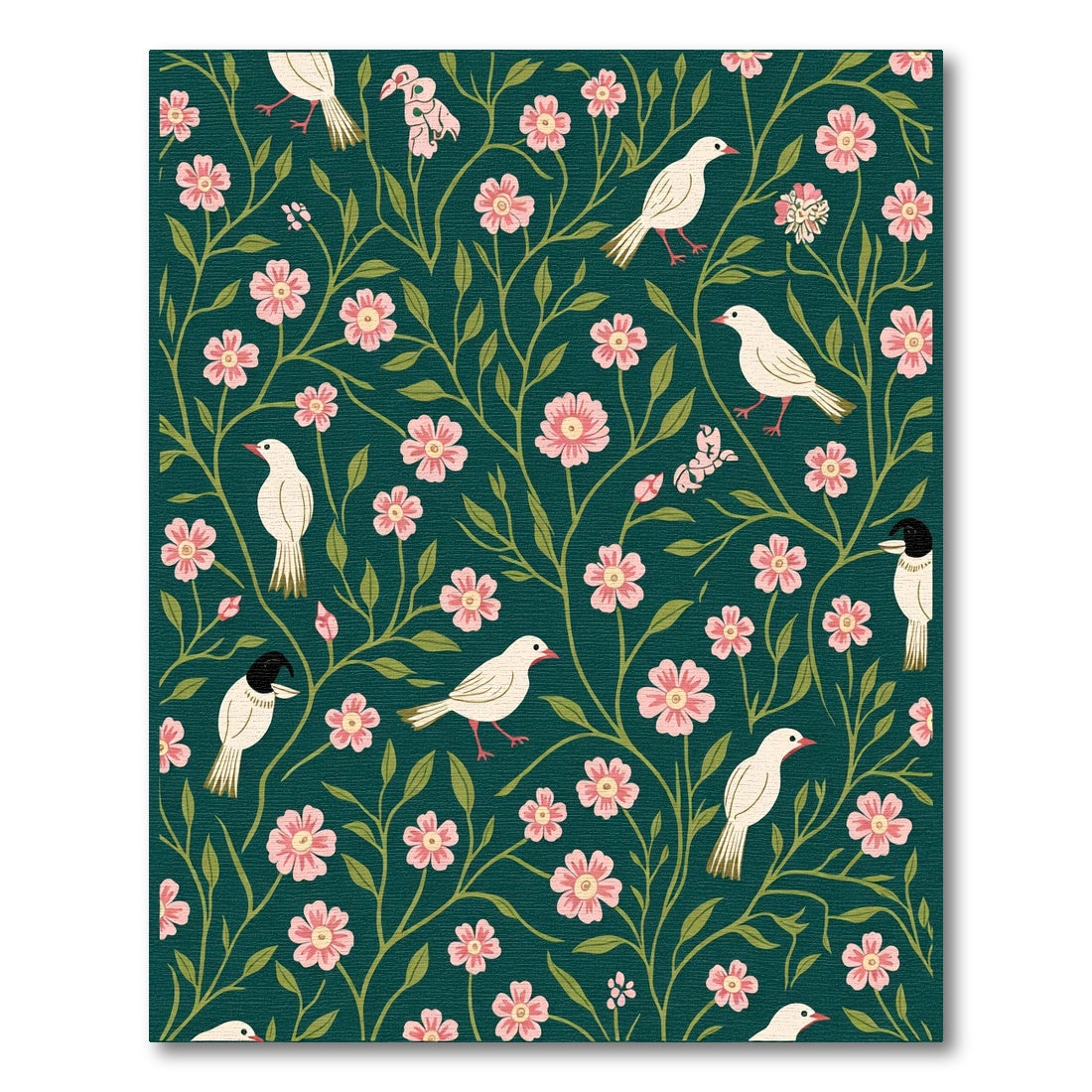 Dark Teal Pink Blossom Bird Garden Rug