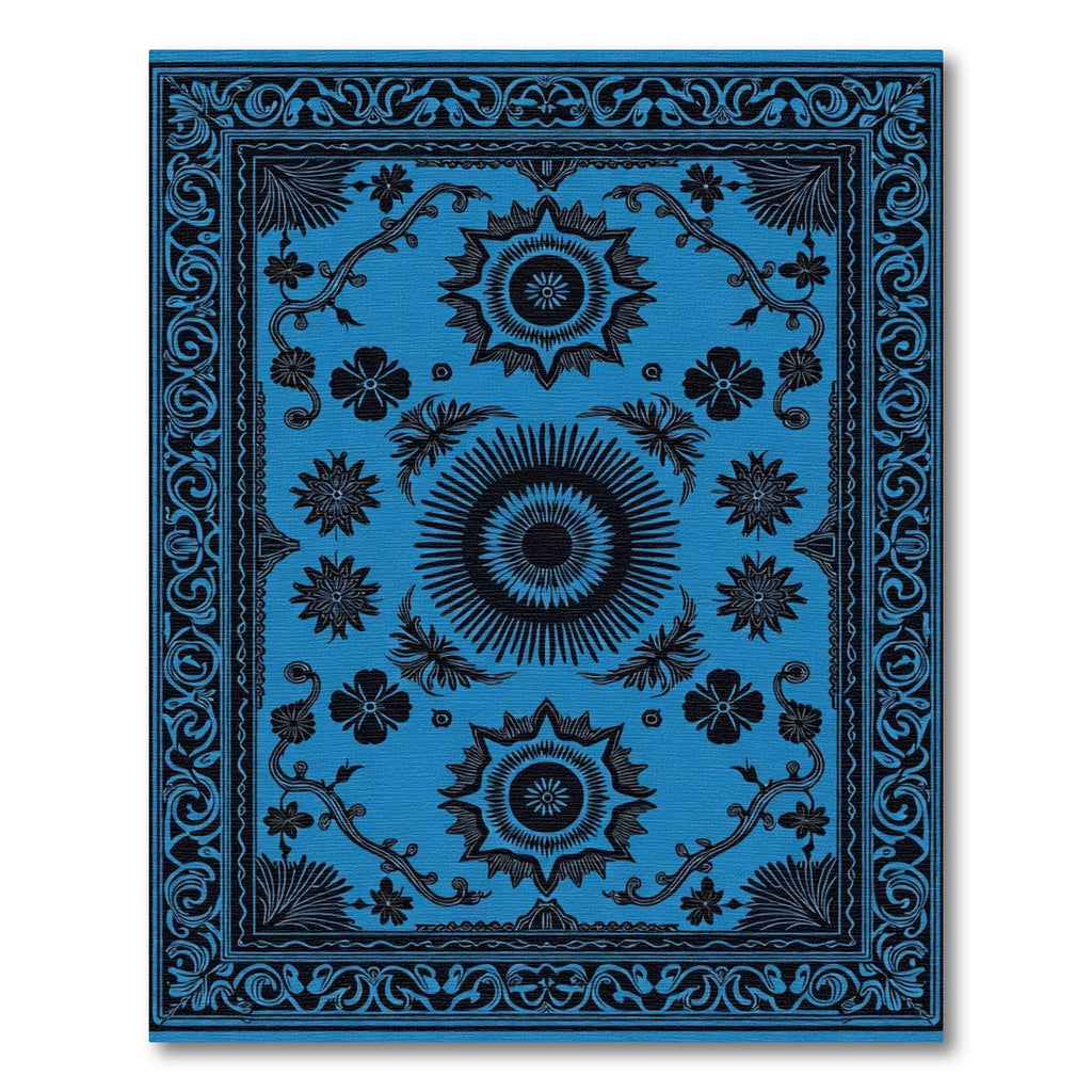 Bright Blue Black Ornamental Round Rug