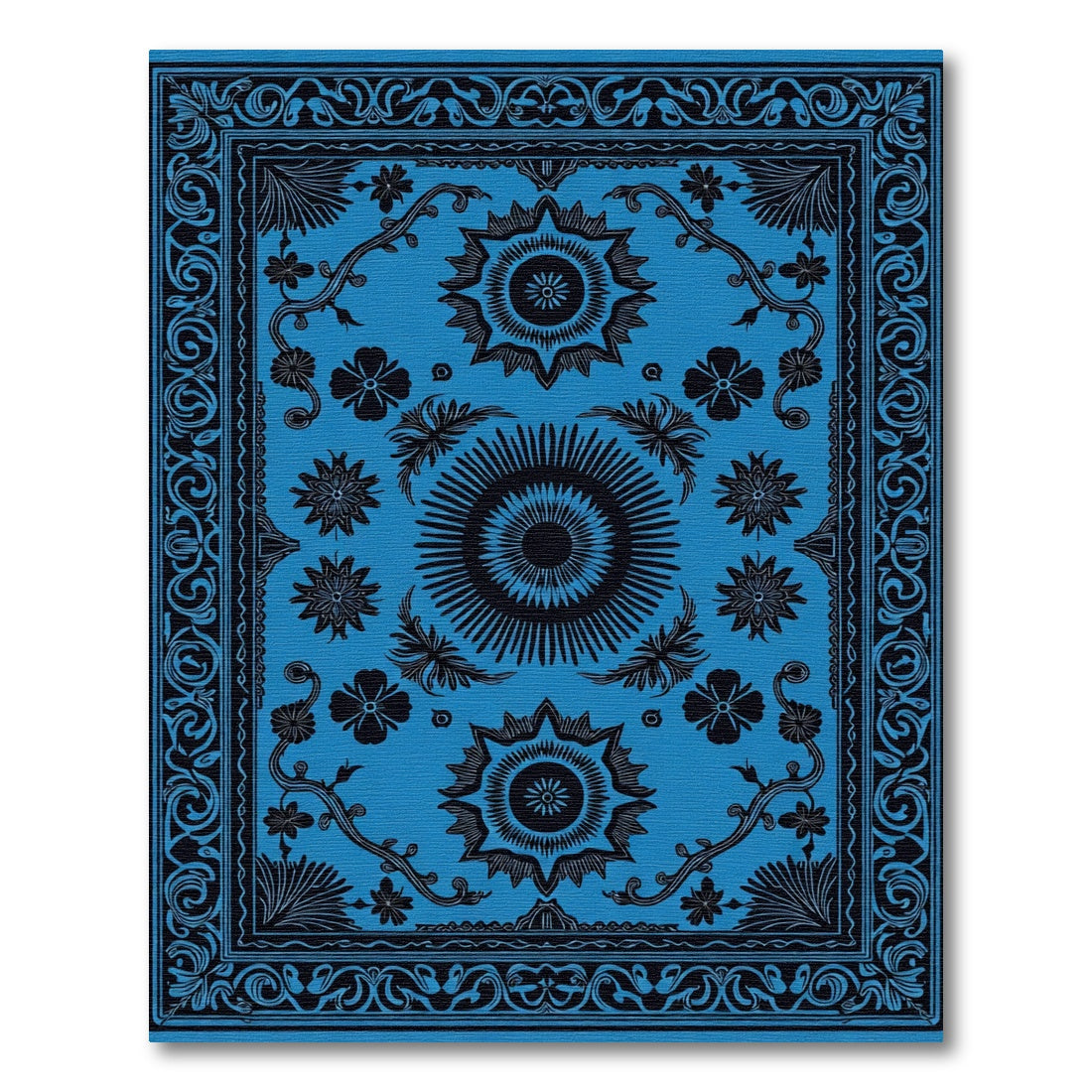 Bright Blue Black Ornamental Round Rug
