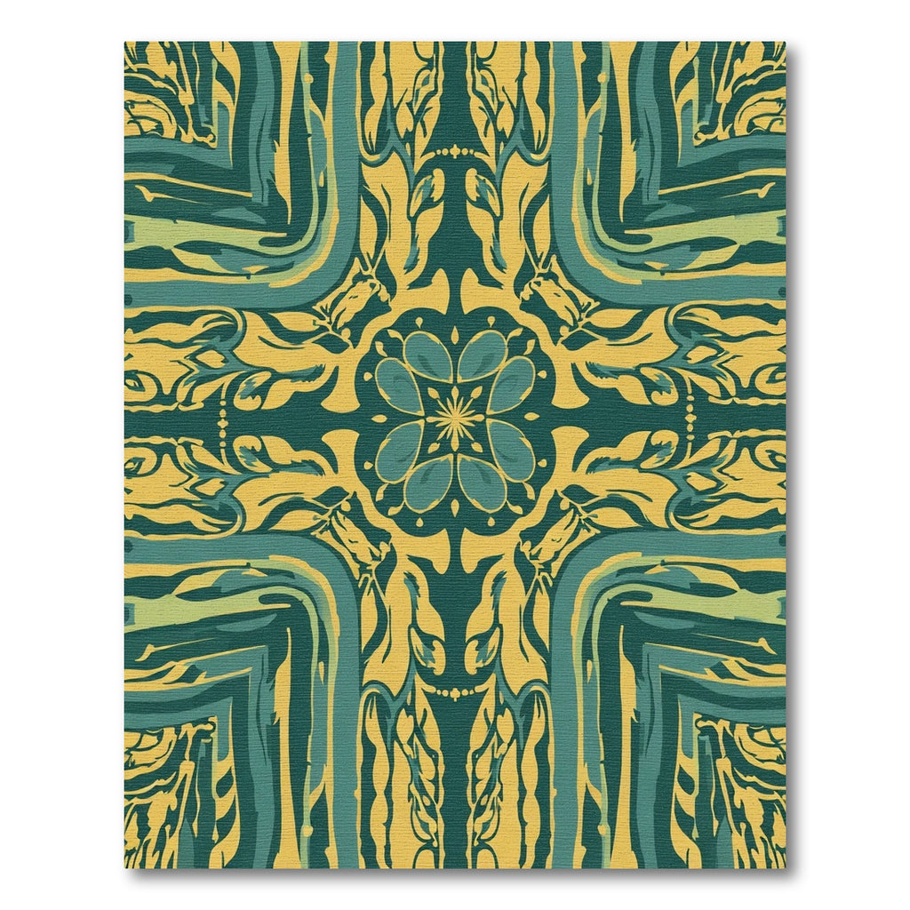 Teal and Gold Floral Medallion Symmetry Rug