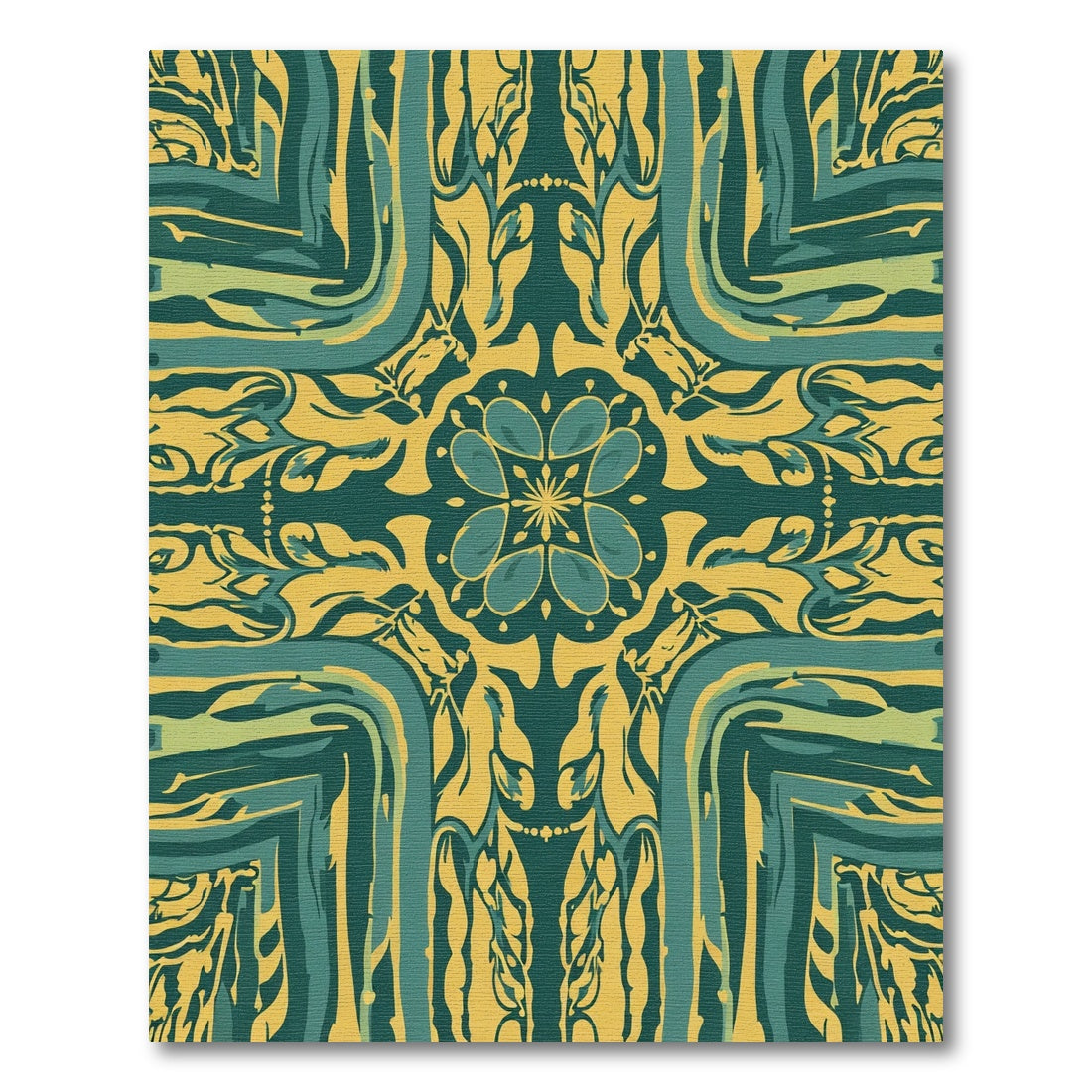 Teal and Gold Floral Medallion Symmetry Rug