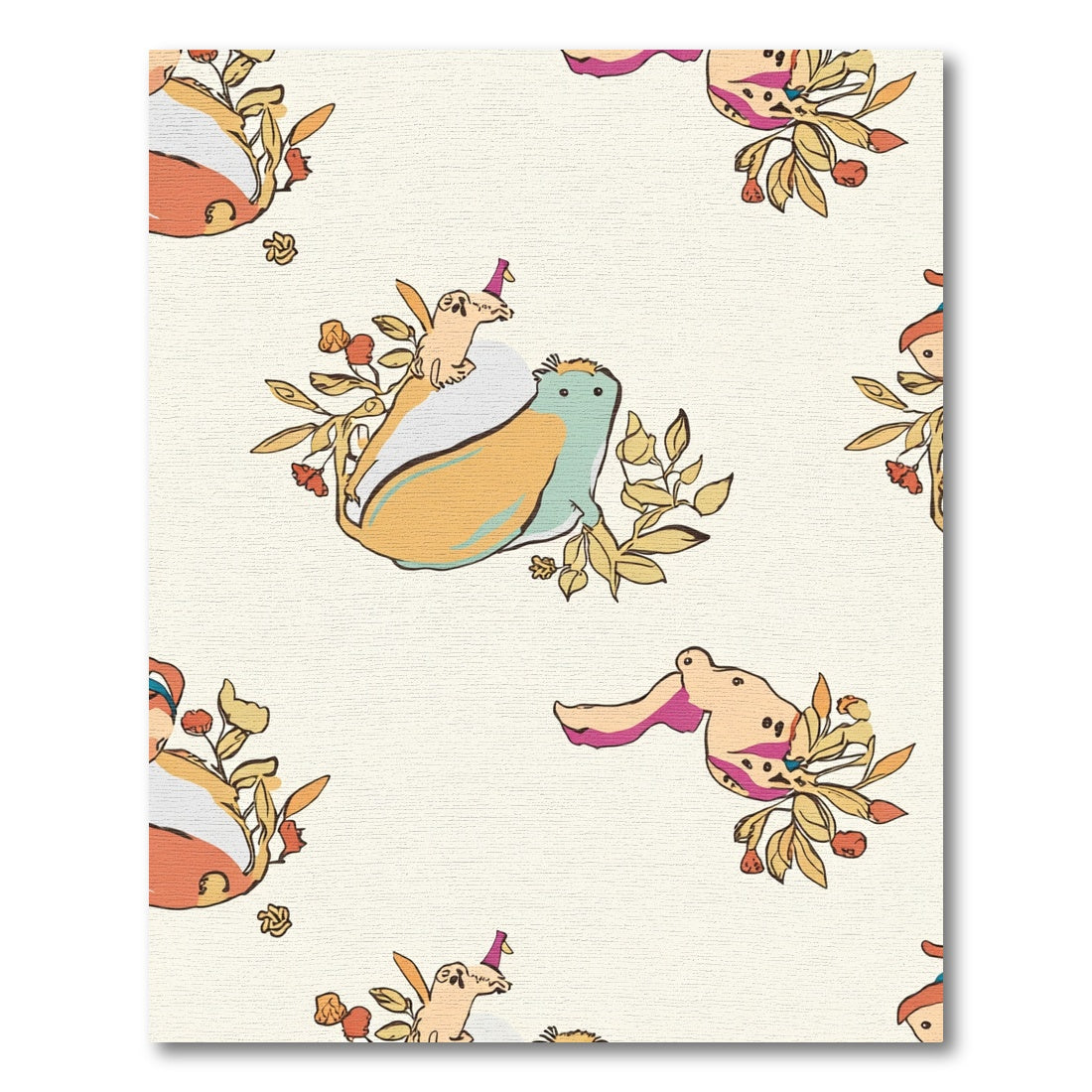 Whimsical Orange Teal Creatures Floral Scene Rug