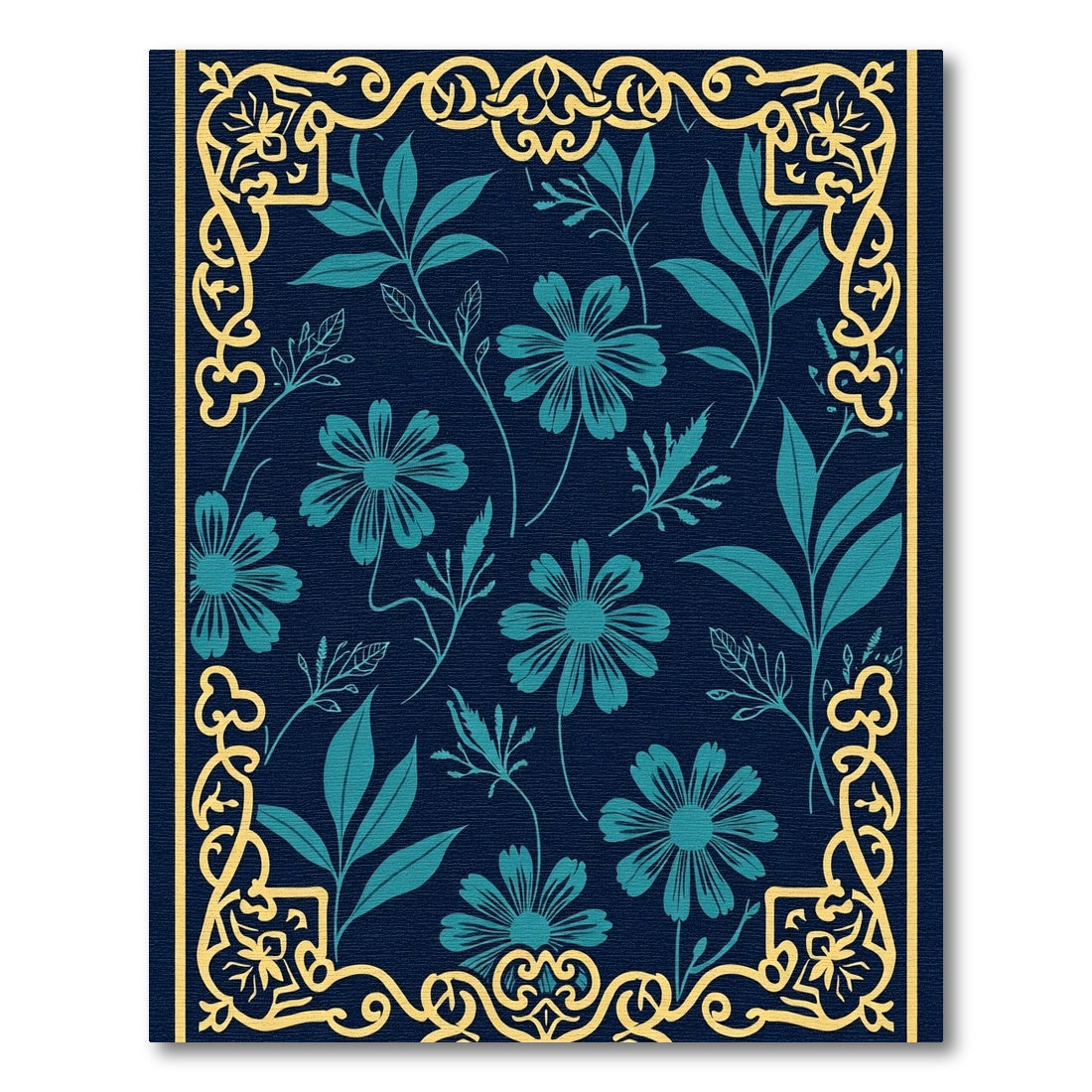 Deep Blue Floral Corner Border Rug