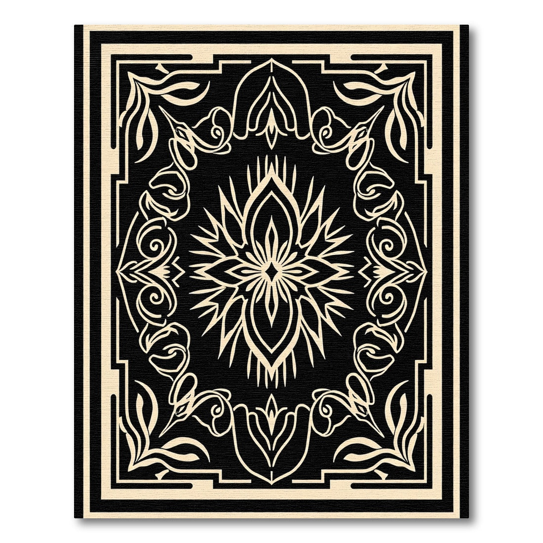 Black Cream Floral Intricate Border Rug