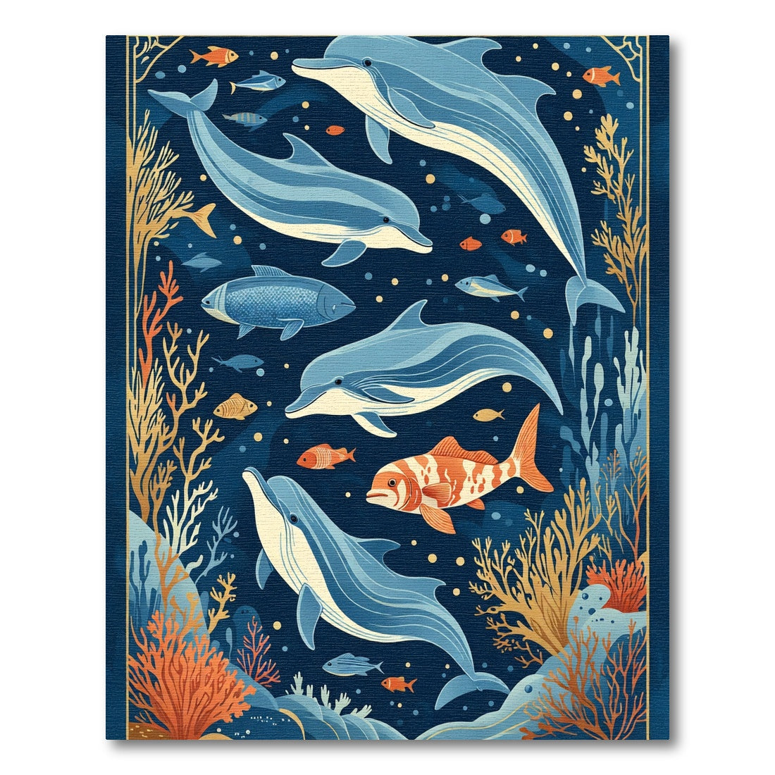 Oceanic Life Blue Gold Dolphins Coral Rug