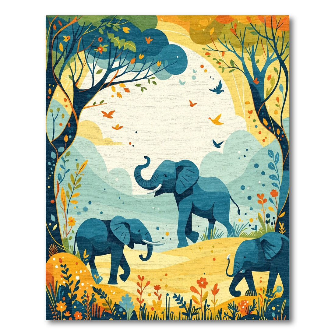 Whimsical Blue Elephants Safari Meadow Rug