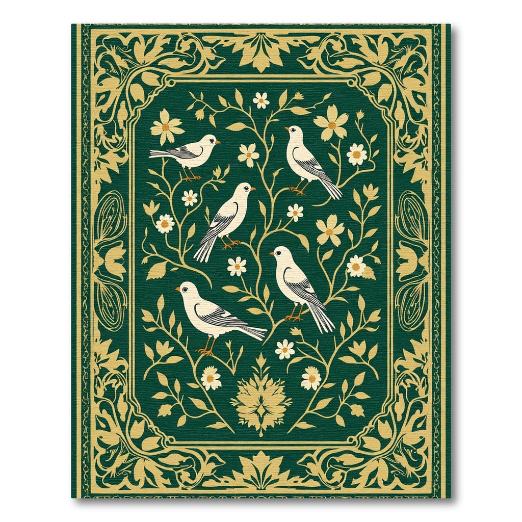 Elegant Green Gold Bird Floral Vine Rug