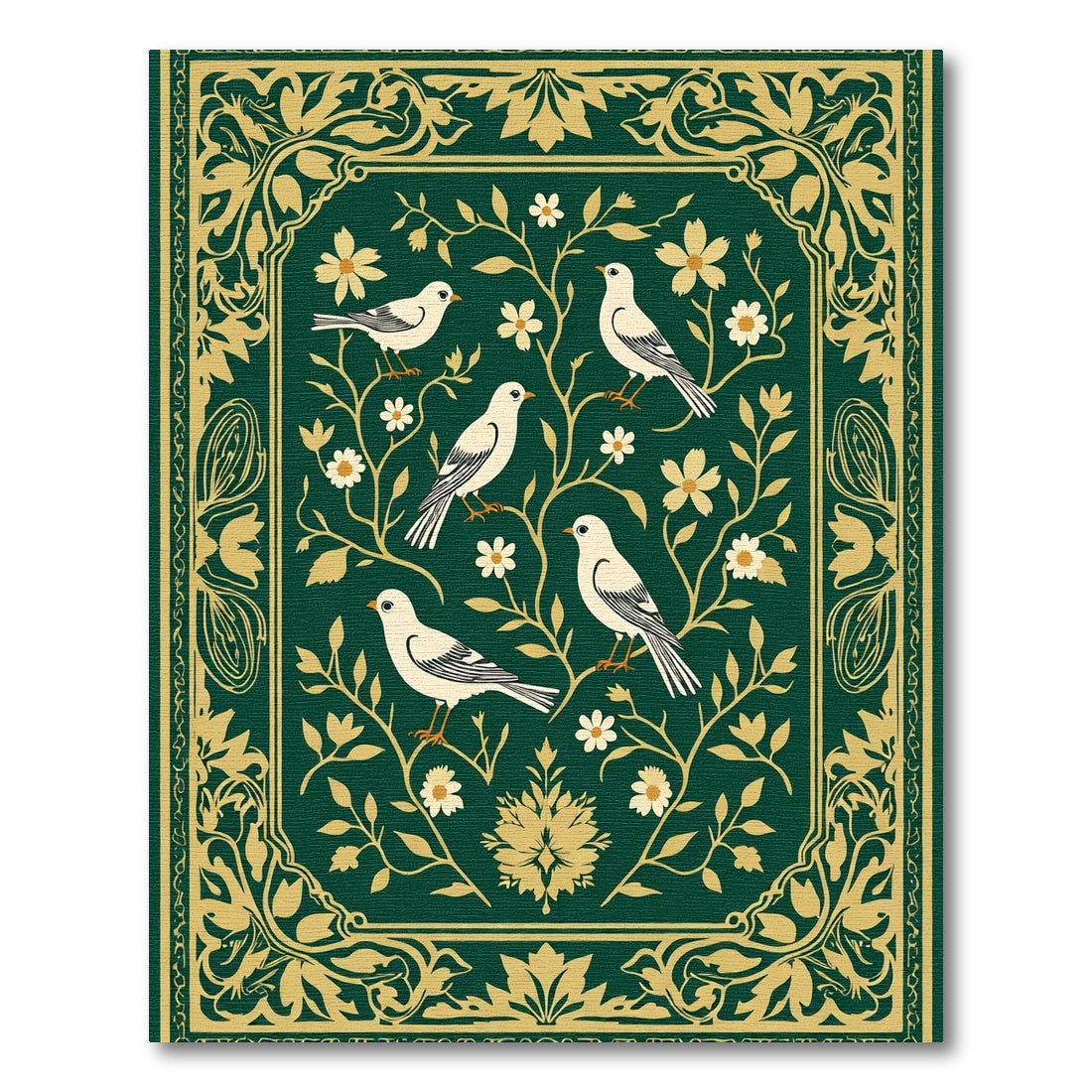 Elegant Green Gold Bird Floral Vine Rug