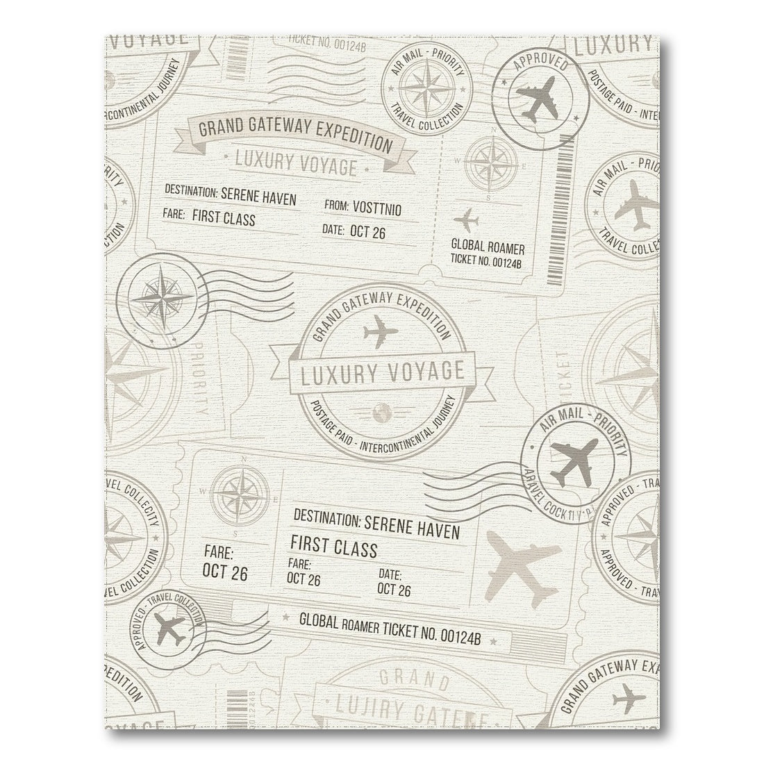 Vintage Travel Stamp Airplane Motif Rug