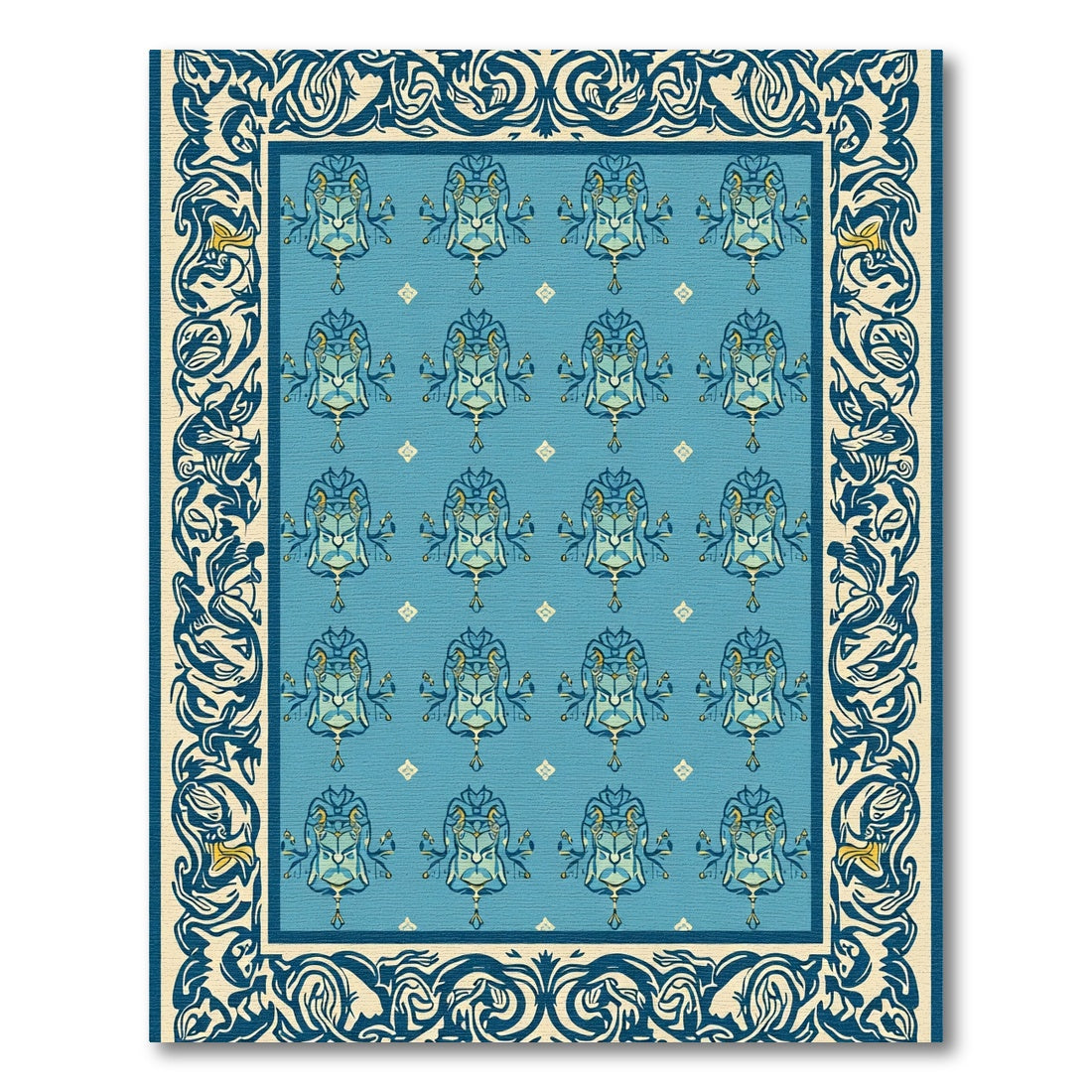 Majestic Blue Lion Medallion Border Rug