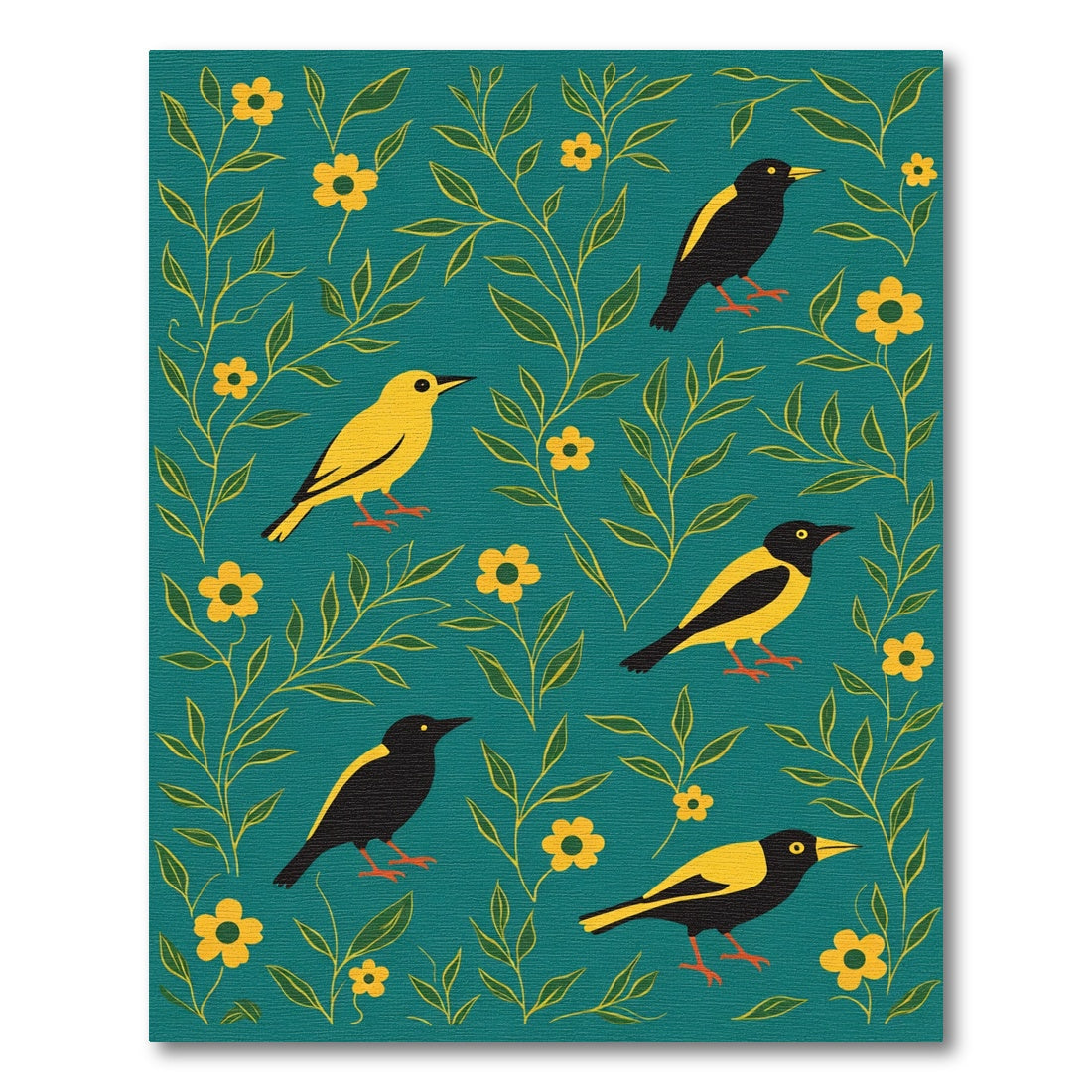 Teal Black Yellow Bird Floral Composition Rug