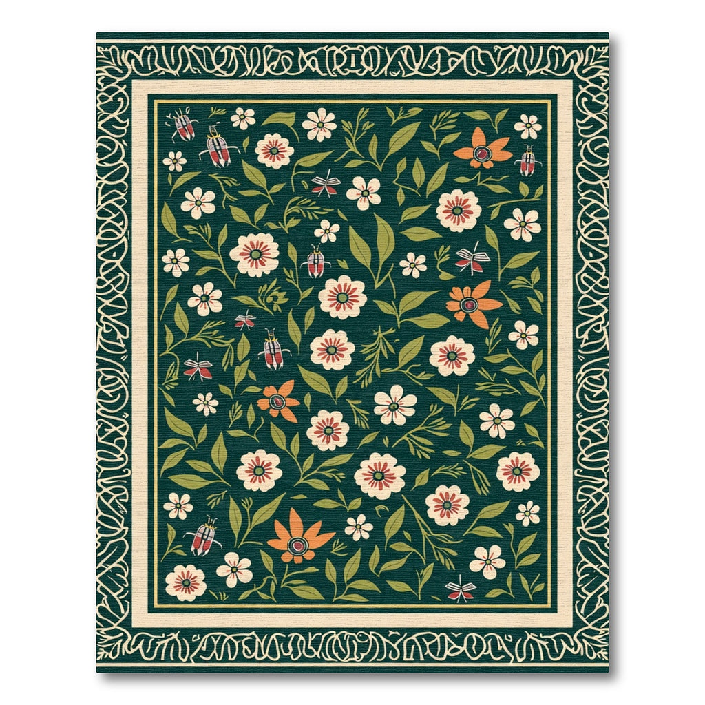 Green Floral Insect Botanical Bloom Rug
