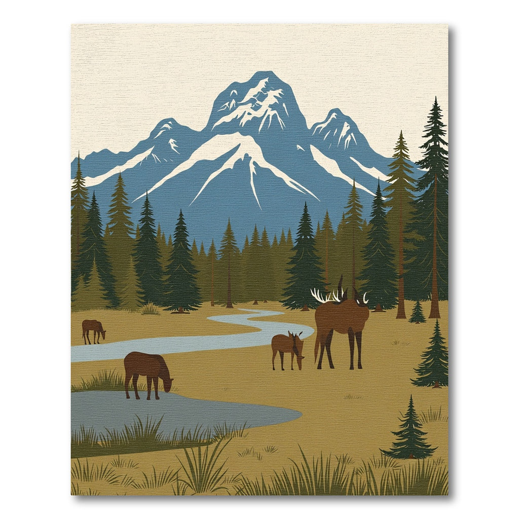 Woodland Mountain Deer Landscape Scene Rug