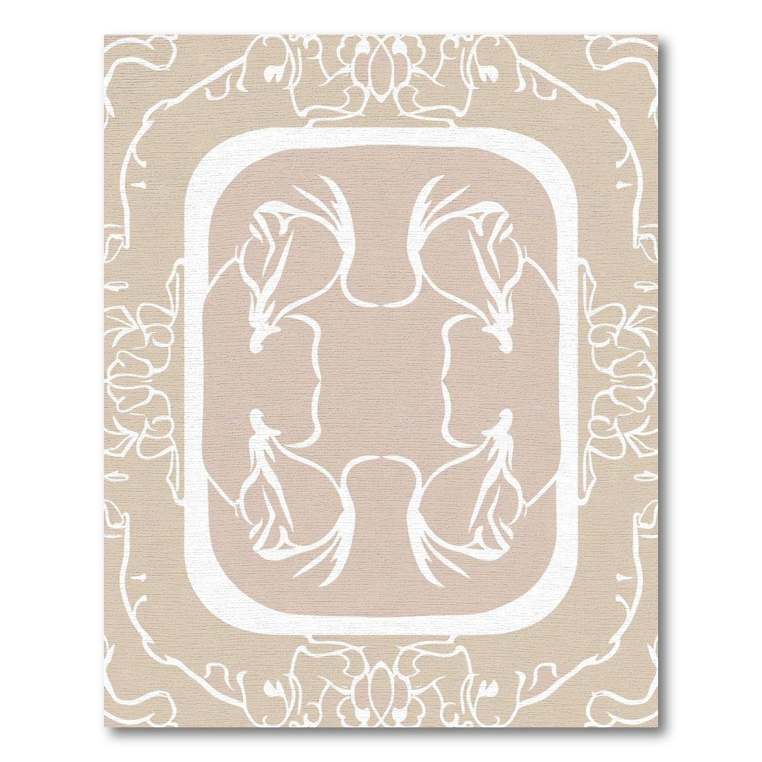 Cream Abstract Floral Scrollwork Frame Rug
