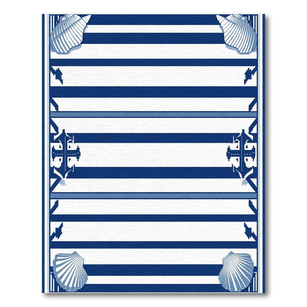 Nautical Blue White Striped Seashell Anchor Border Rug