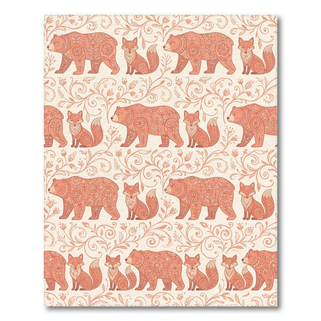 Salmon Folk Art Bear Fox Vine Repeat Rug