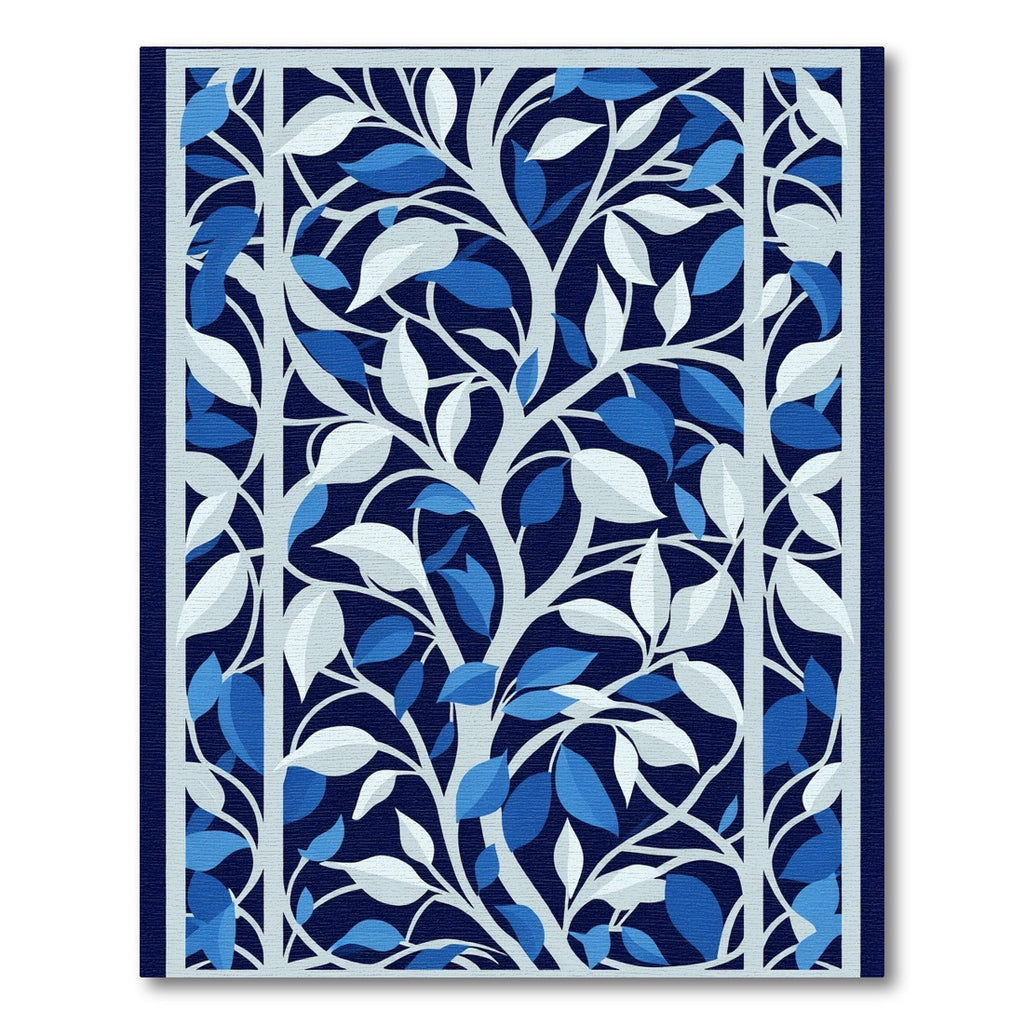 Deep Blue White Leafy Tree Branch Rug