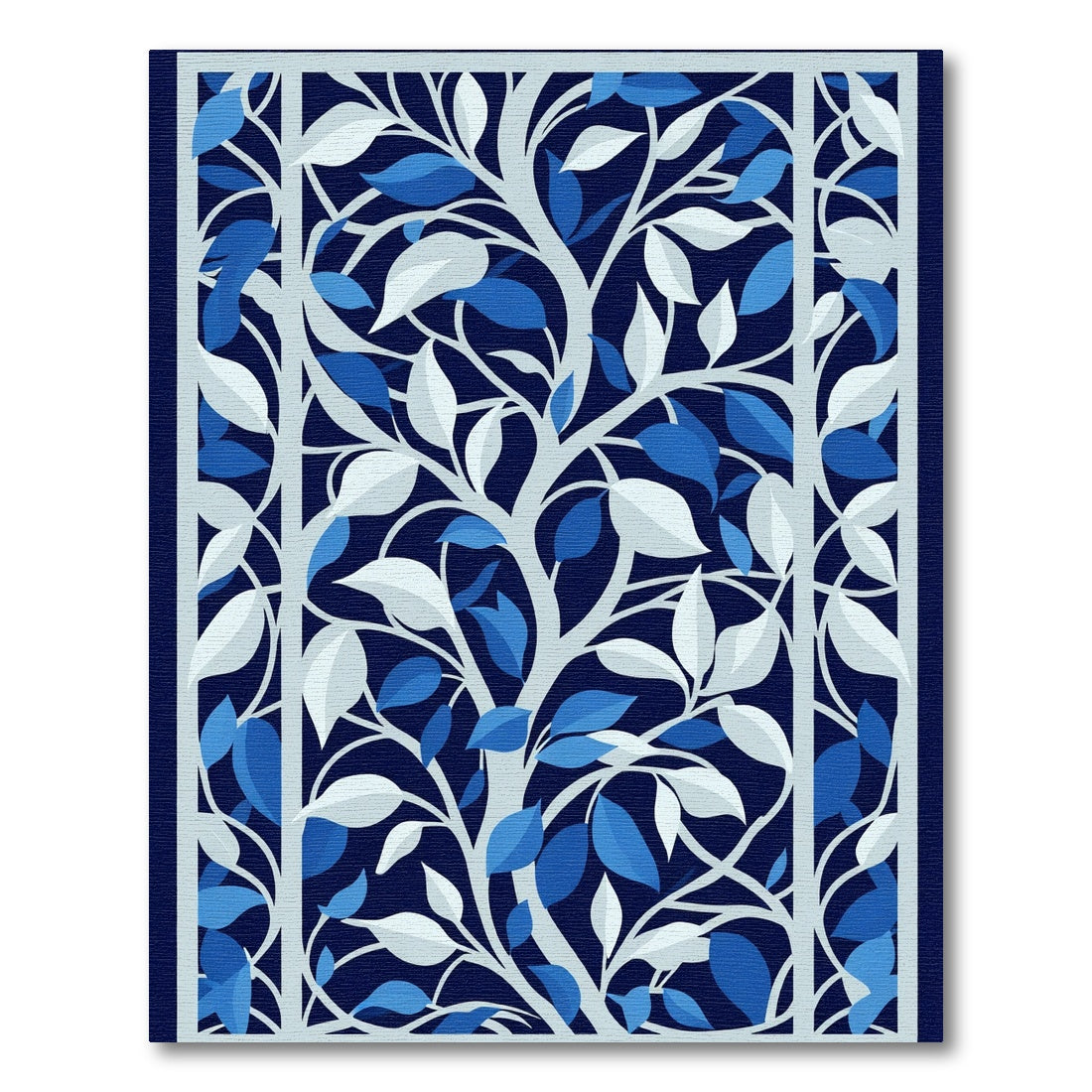 Deep Blue White Leafy Tree Branch Rug