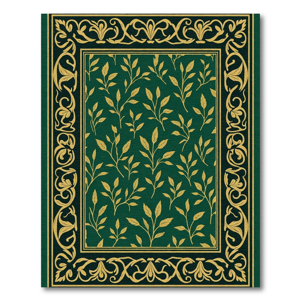 Deep Emerald Gold Leaf Vine Border Rug