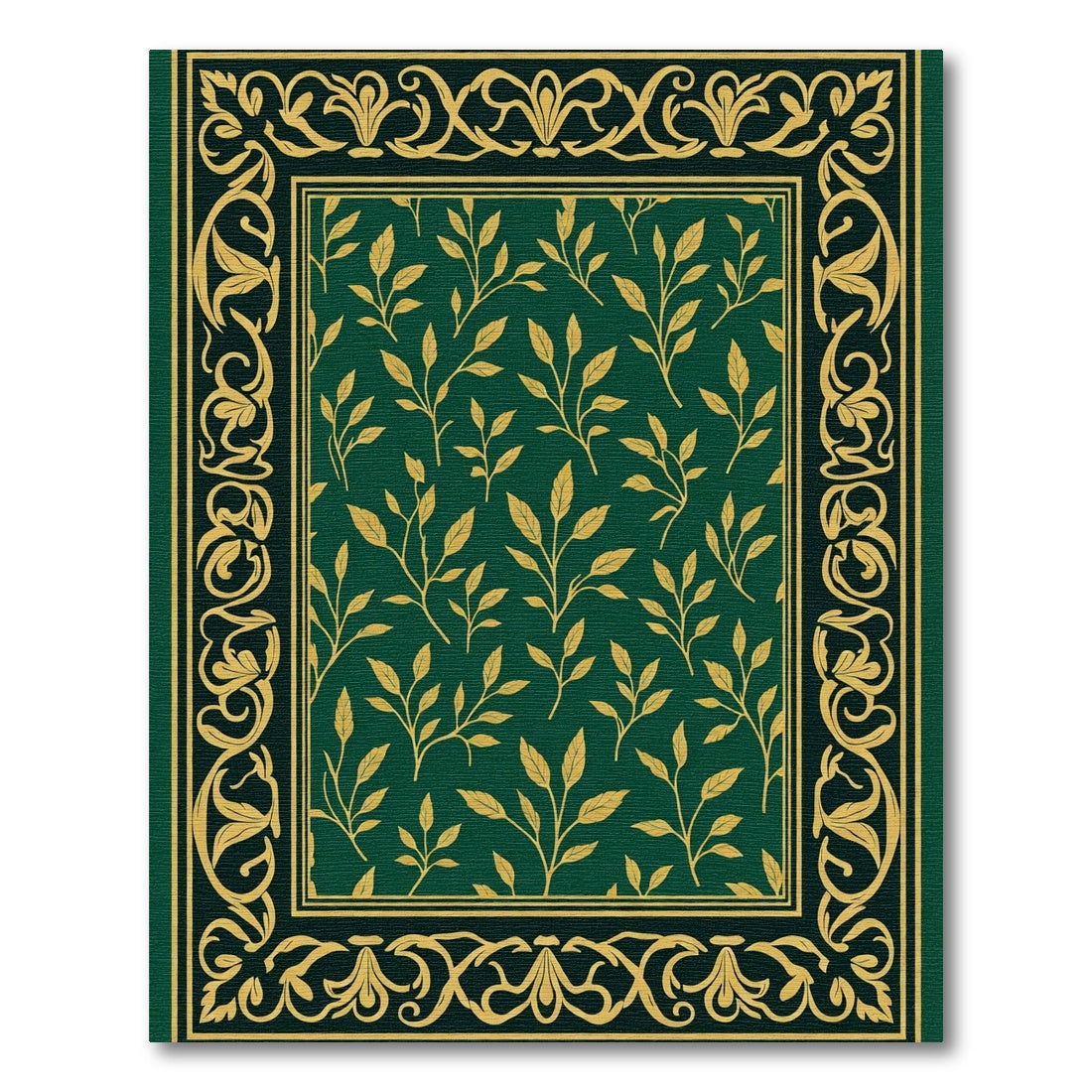 Deep Emerald Gold Leaf Vine Border Rug