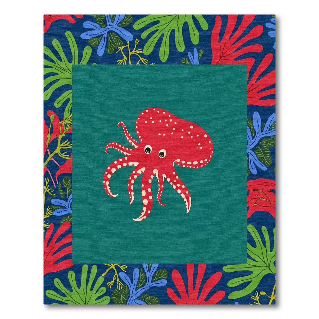 Red Octopus Coral Navy Border Rug