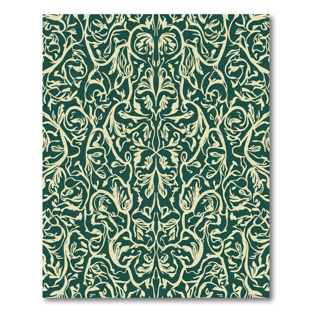 Cream Floral Scrollwork on Dark Green Rug