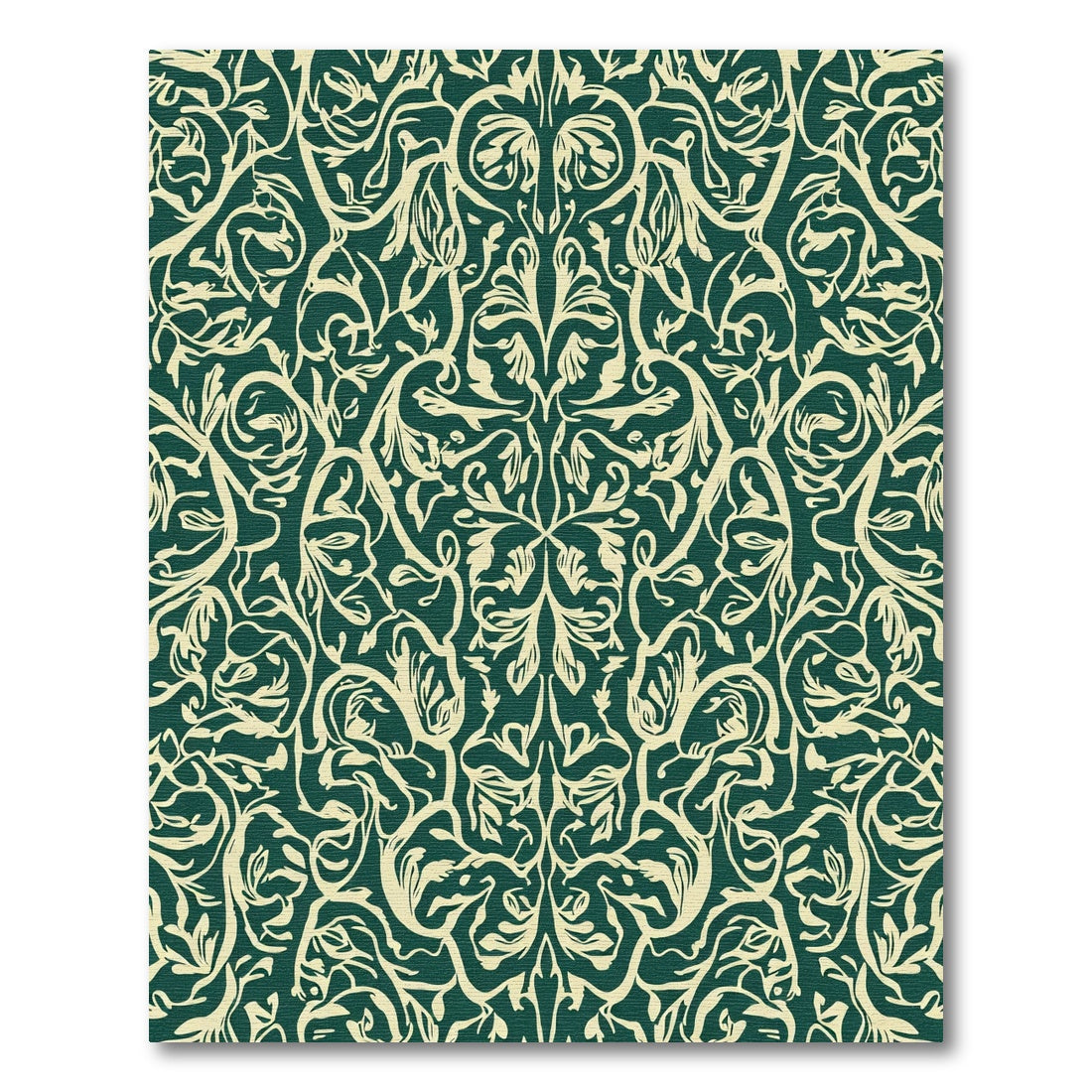 Cream Floral Scrollwork on Dark Green Rug