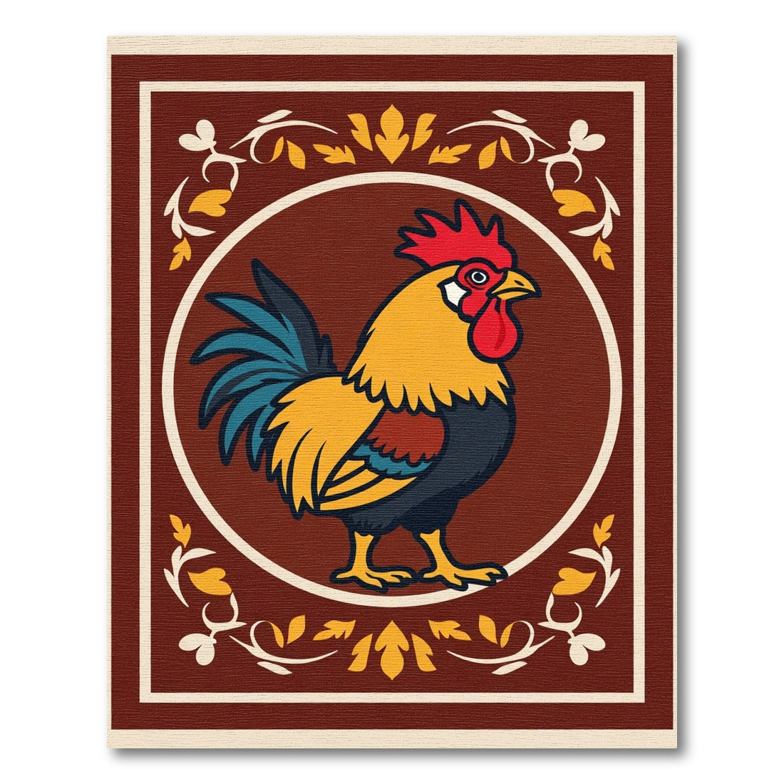 Bright Rooster Red Yellow Teal Border Rug