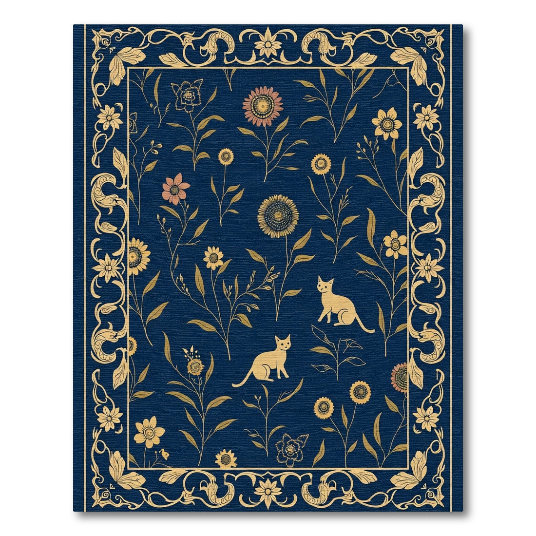 Golden Feline Floral Border Navy Rug