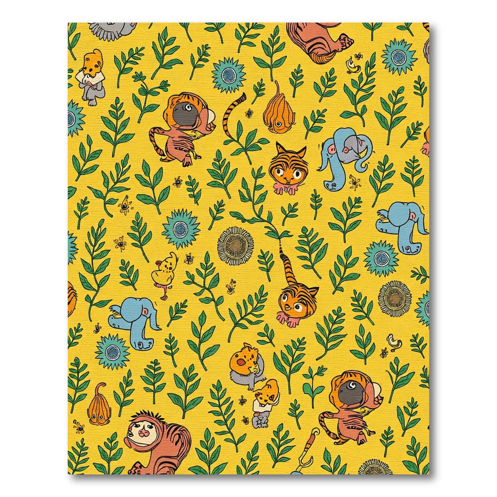 Whimsical Yellow Jungle Animals Herbal Pattern Rug