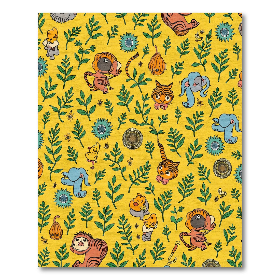 Whimsical Yellow Jungle Animals Herbal Pattern Rug