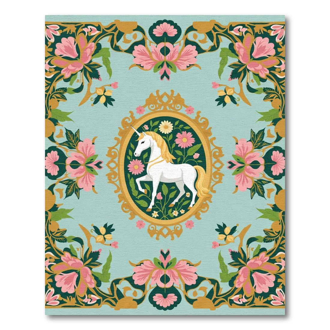 Whimsical Unicorn Floral Oval Motif Rug
