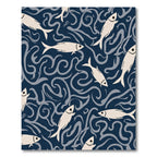 Cream Fish On Dark Blue Waves Rug