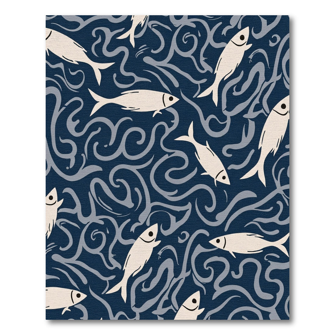 Cream Fish On Dark Blue Waves Rug