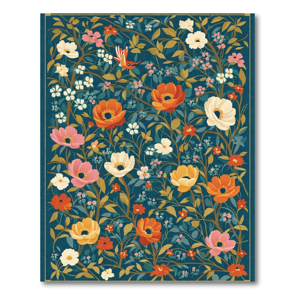 Crimson Orange Floral Garden Bird Rug