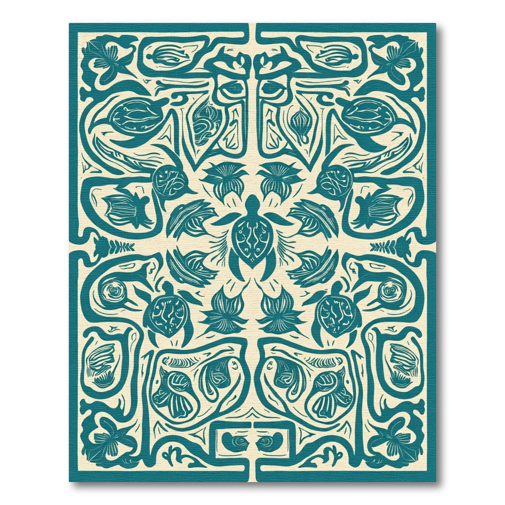 Teal Turtle Floral Border Art Rug