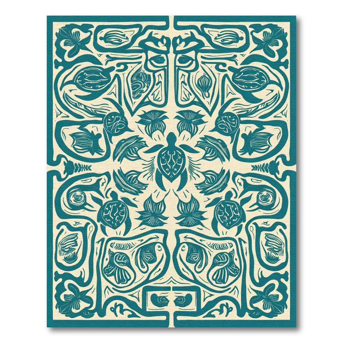 Teal Turtle Floral Border Art Rug