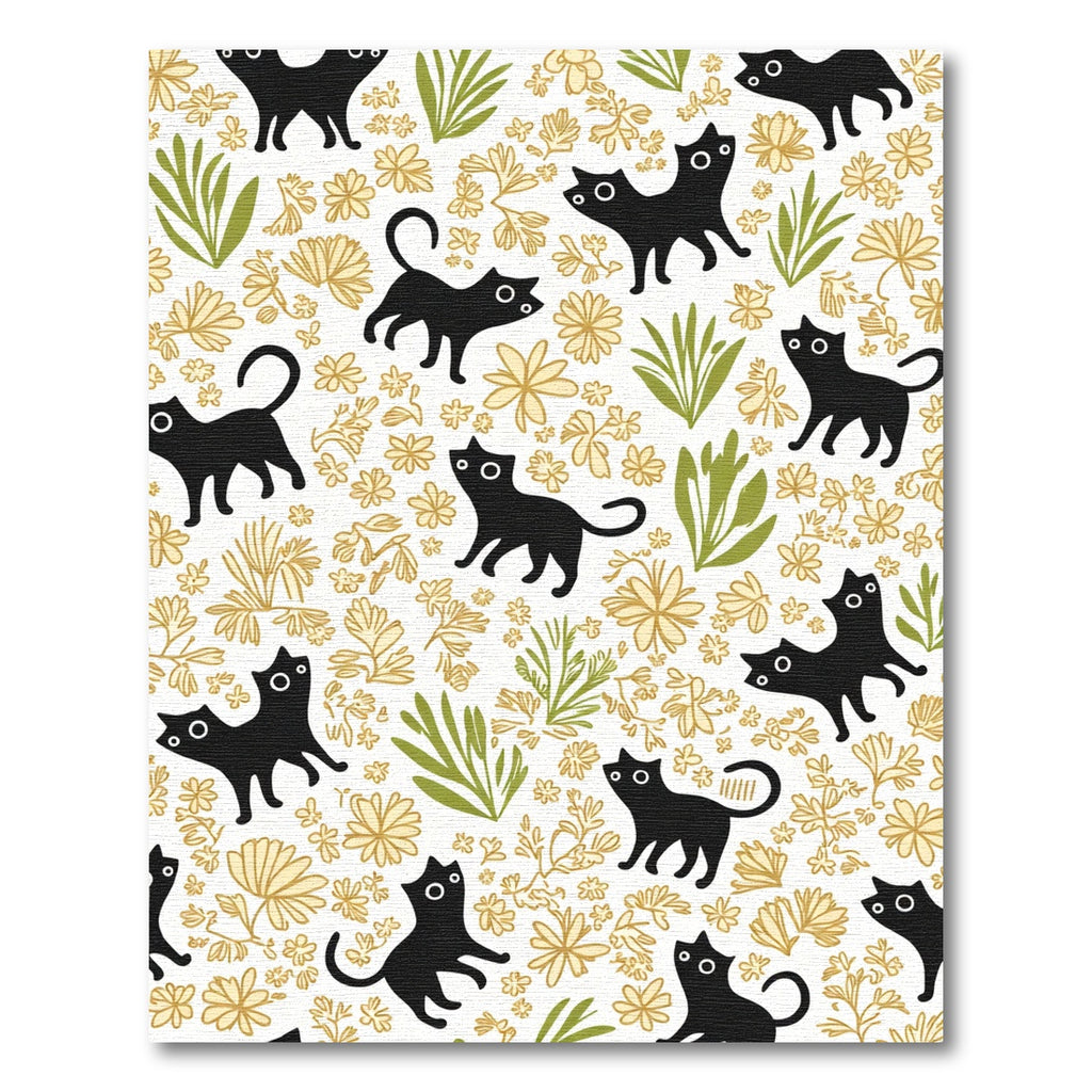 Whimsical Black Cats Golden Floral Field Rug
